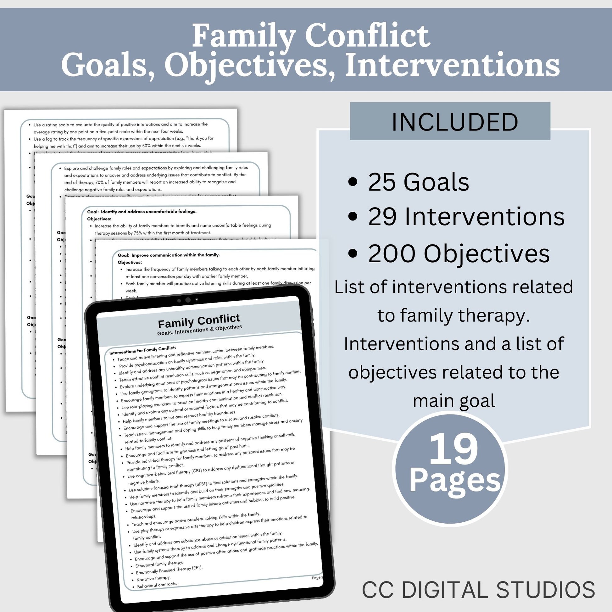 therapy goals, interventions, and measurable objectives.  This therapy tool is for treatment plans for depression, anxiety, substance abuse treatment plans, and anger management.  It includes 206 goals, 436 interventions and 1415 objectives.