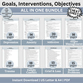 therapy goals, interventions, and measurable objectives.  This therapy tool is for treatment plans for depression, anxiety, substance abuse treatment plans, and anger management.  It includes 206 goals, 436 interventions and 1415 objectives.