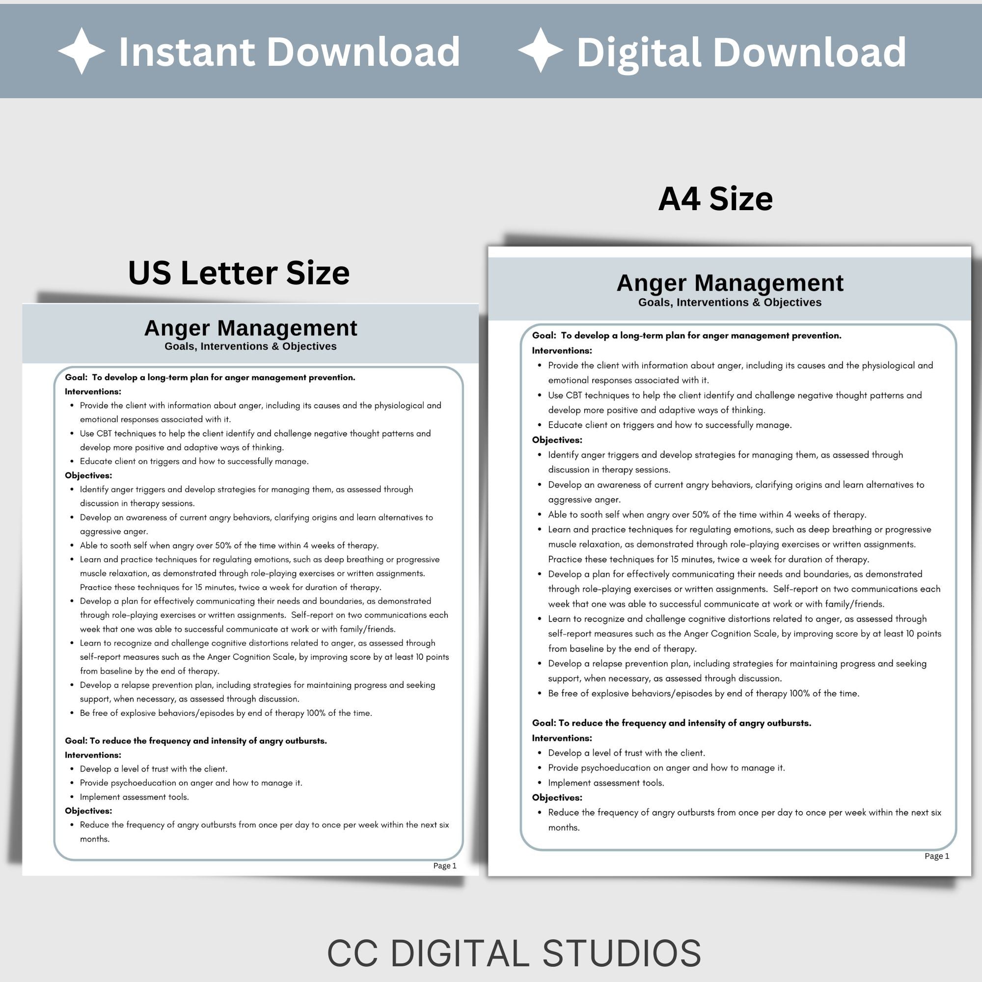 Anger Management Goals Anger Management Treatment Plan Therapy Tool: Goals, Objectives, Inter ...