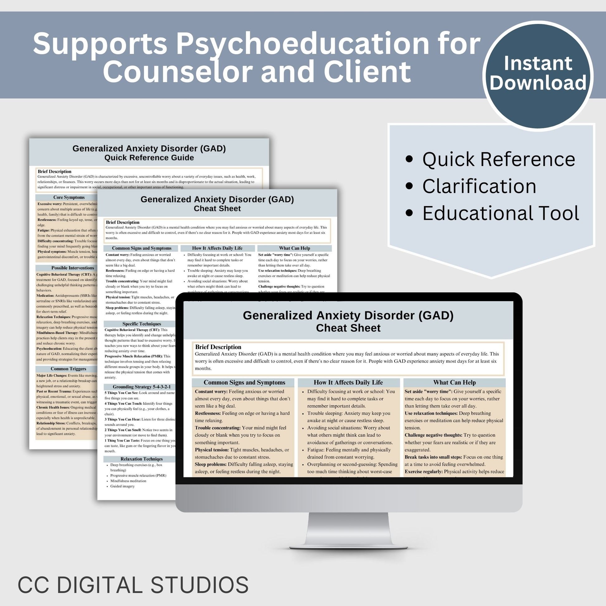 This 2-in-1 Anxiety Cheat Sheet is designed for both therapists and clients! It includes a therapist's quick reference guide and a client-friendly psychoeducational sheet, making it a valuable Anxiety therapy tool. 