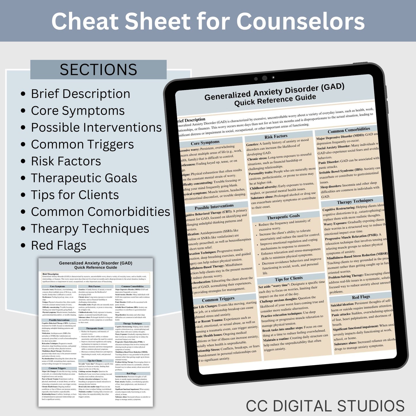 This 2-in-1 Anxiety Cheat Sheet is designed for both therapists and clients! It includes a therapist's quick reference guide and a client-friendly psychoeducational sheet, making it a valuable Anxiety therapy tool. 