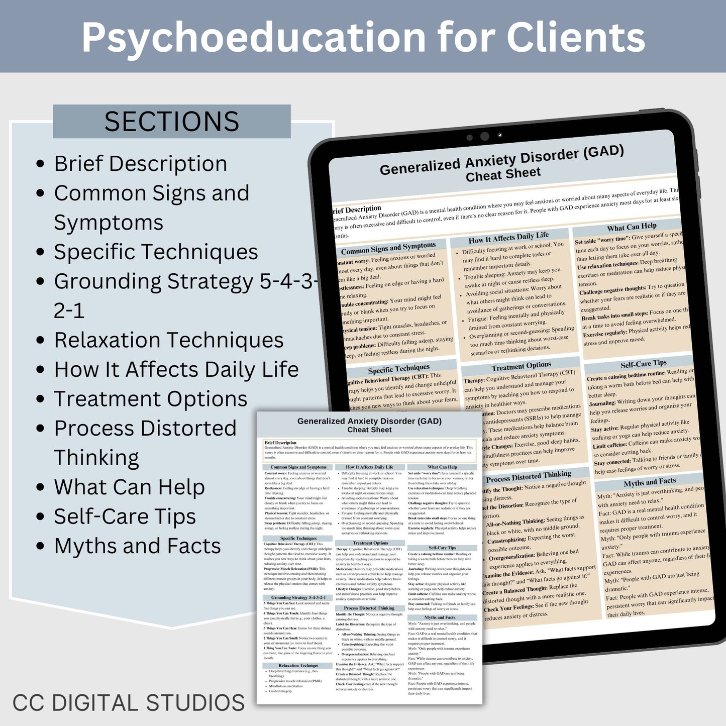 This 2-in-1 Anxiety Cheat Sheet is designed for both therapists and clients! It includes a therapist's quick reference guide and a client-friendly psychoeducational sheet, making it a valuable Anxiety therapy tool. 