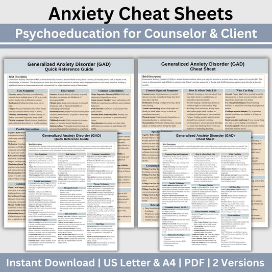 This 2-in-1 Anxiety Cheat Sheet is designed for both therapists and clients! It includes a therapist's quick reference guide and a client-friendly psychoeducational sheet, making it a valuable Anxiety therapy tool. 