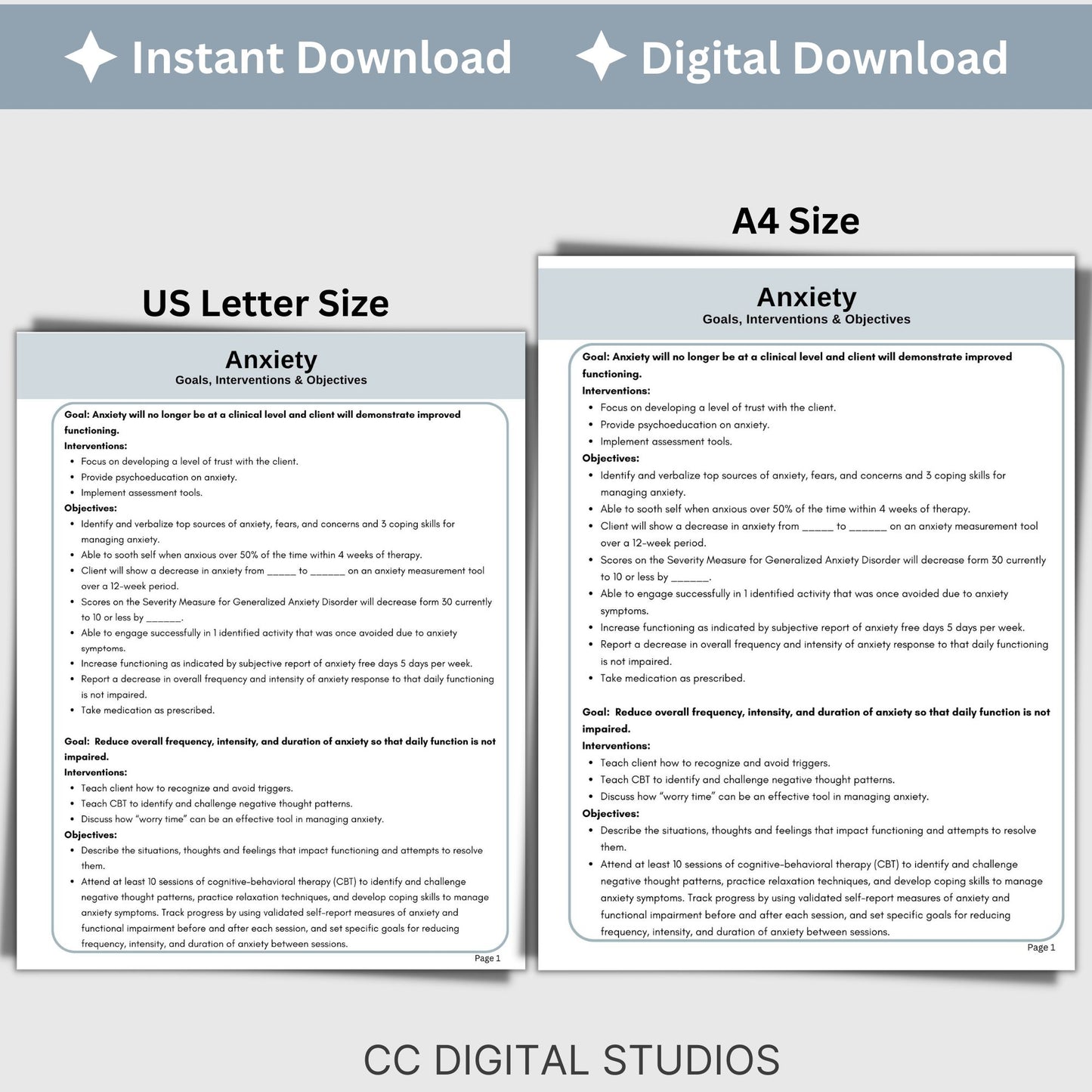 Anxiety treatment plan therapy tool. Therapy cheat sheets for setting for setting therapy goals, objectives and interventions. Perfect for school counselors, social workers, therapist office. Psychology