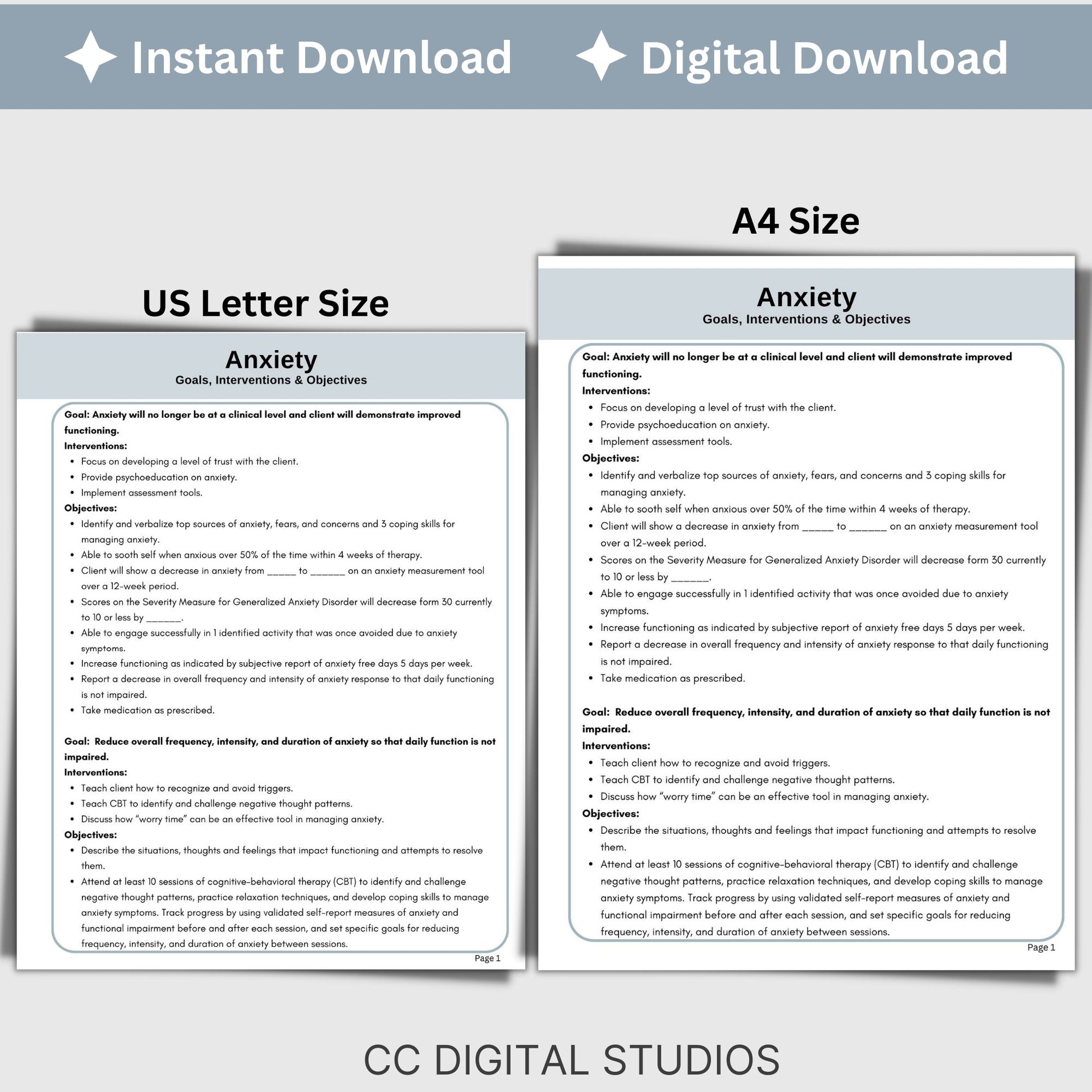 Anxiety treatment plan therapy tool. Therapy cheat sheets for setting for setting therapy goals, objectives and interventions. Perfect for school counselors, social workers, therapist office. Psychology