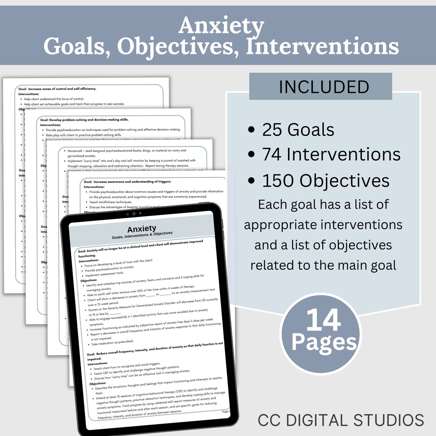 Anxiety treatment plan therapy tool. Therapy cheat sheets for setting for setting therapy goals, objectives and interventions. Perfect for school counselors, social workers, therapist office. Psychology