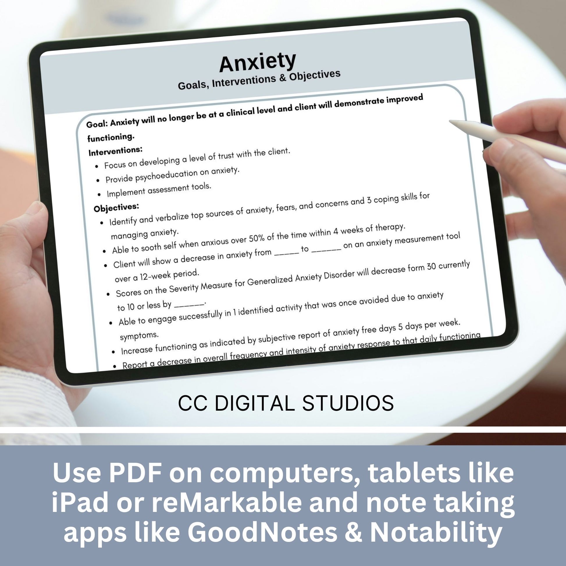 Anxiety treatment plan therapy tool. Therapy cheat sheets for setting for setting therapy goals, objectives and interventions. Perfect for school counselors, social workers, therapist office. Psychology