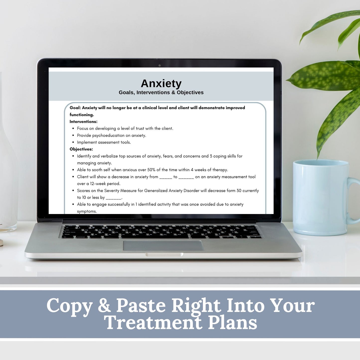 Anxiety treatment plan therapy tool. Therapy cheat sheets for setting for setting therapy goals, objectives and interventions. Perfect for school counselors, social workers, therapist office. Psychology