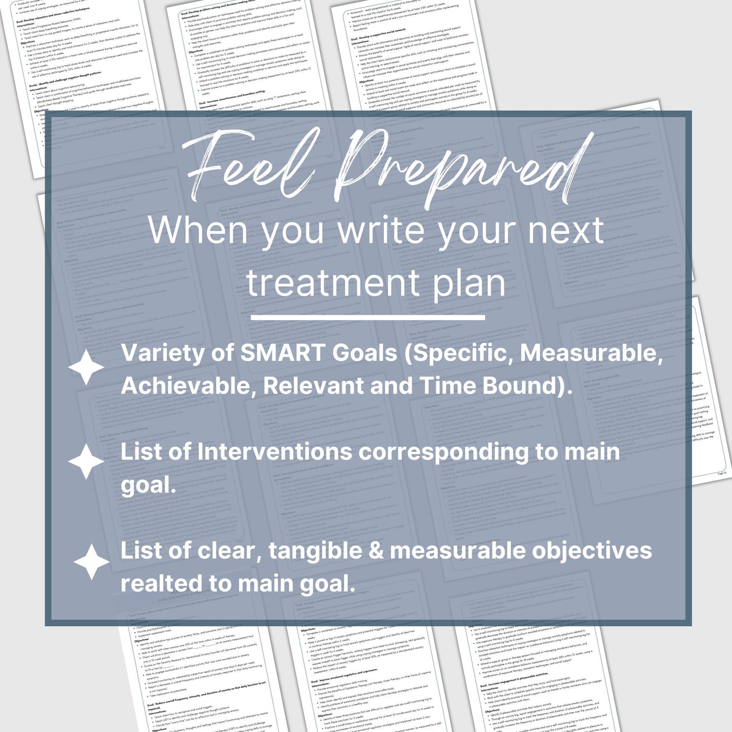 Anxiety treatment plan therapy tool. Therapy cheat sheets for setting for setting therapy goals, objectives and interventions. Perfect for school counselors, social workers, therapist office. Psychology