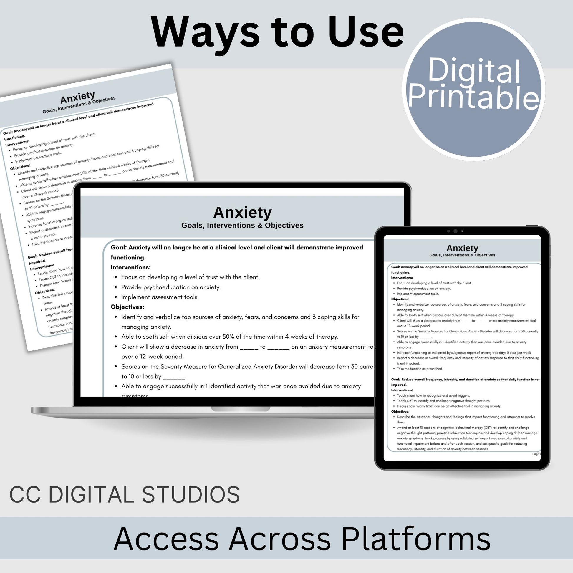 Anxiety treatment plan therapy tool. Therapy cheat sheets for setting for setting therapy goals, objectives and interventions. Perfect for school counselors, social workers, therapist office. Psychology