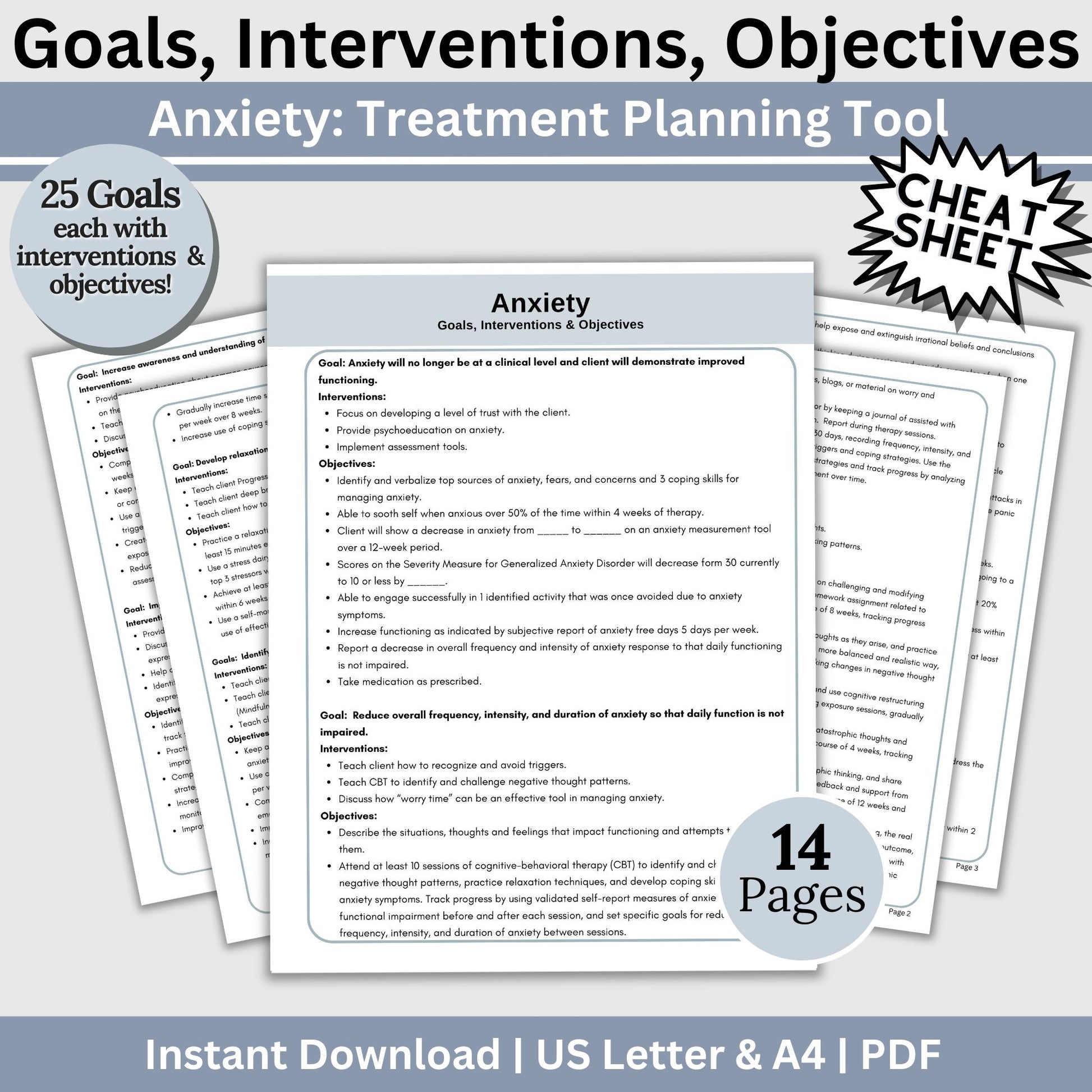 Anxiety treatment plan therapy tool. Therapy cheat sheets for setting for setting therapy goals, objectives and interventions. Perfect for school counselors, social workers, therapist office. Psychology