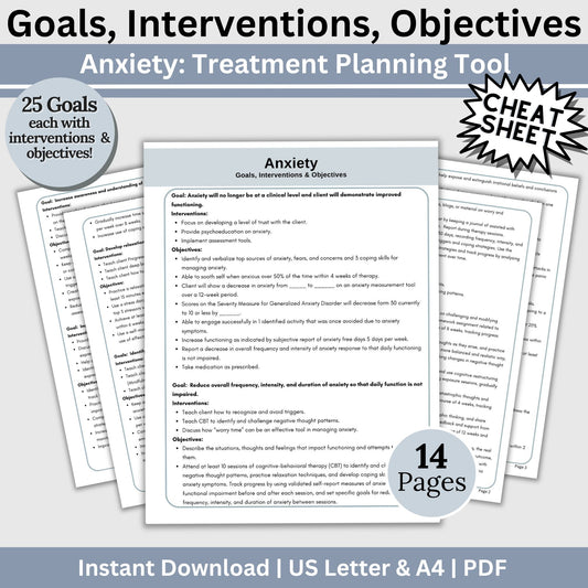 Anxiety treatment plan therapy tool. Therapy cheat sheets for setting for setting therapy goals, objectives and interventions. Perfect for school counselors, social workers, therapist office. Psychology