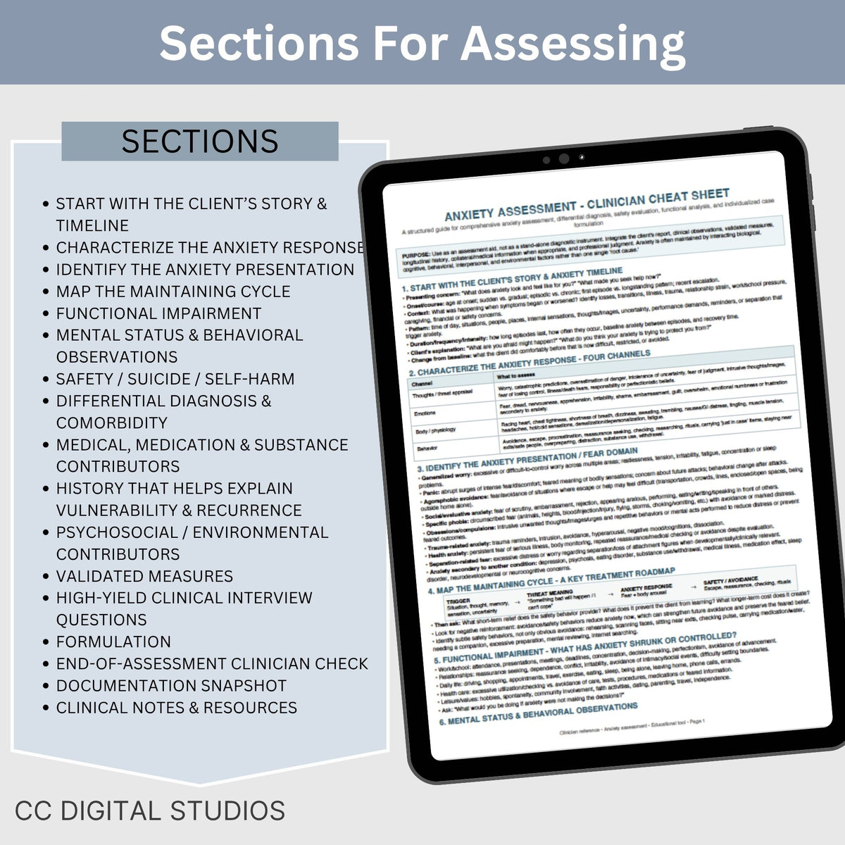 Anxiety Assessment Clinician Cheat Sheet | Mental Health Assessment Tool | Therapist & Counselor Reference