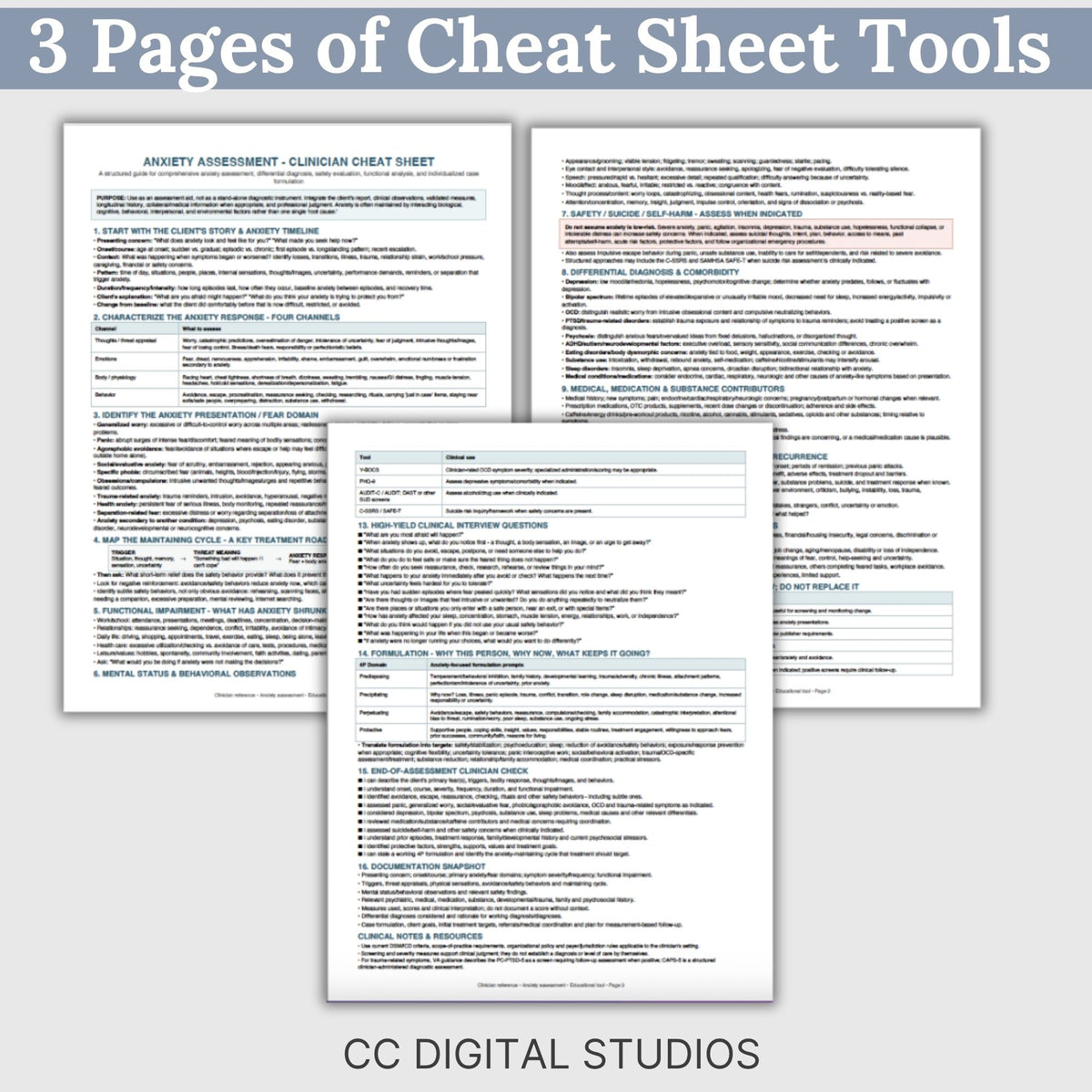 Anxiety Assessment Clinician Cheat Sheet | Mental Health Assessment Tool | Therapist & Counselor Reference