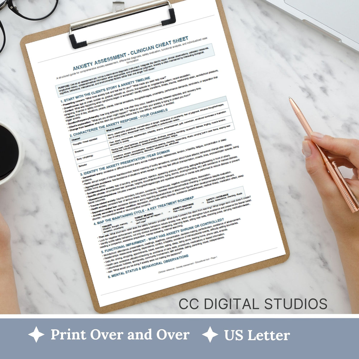 Anxiety Assessment Clinician Cheat Sheet | Mental Health Assessment Tool | Therapist & Counselor Reference