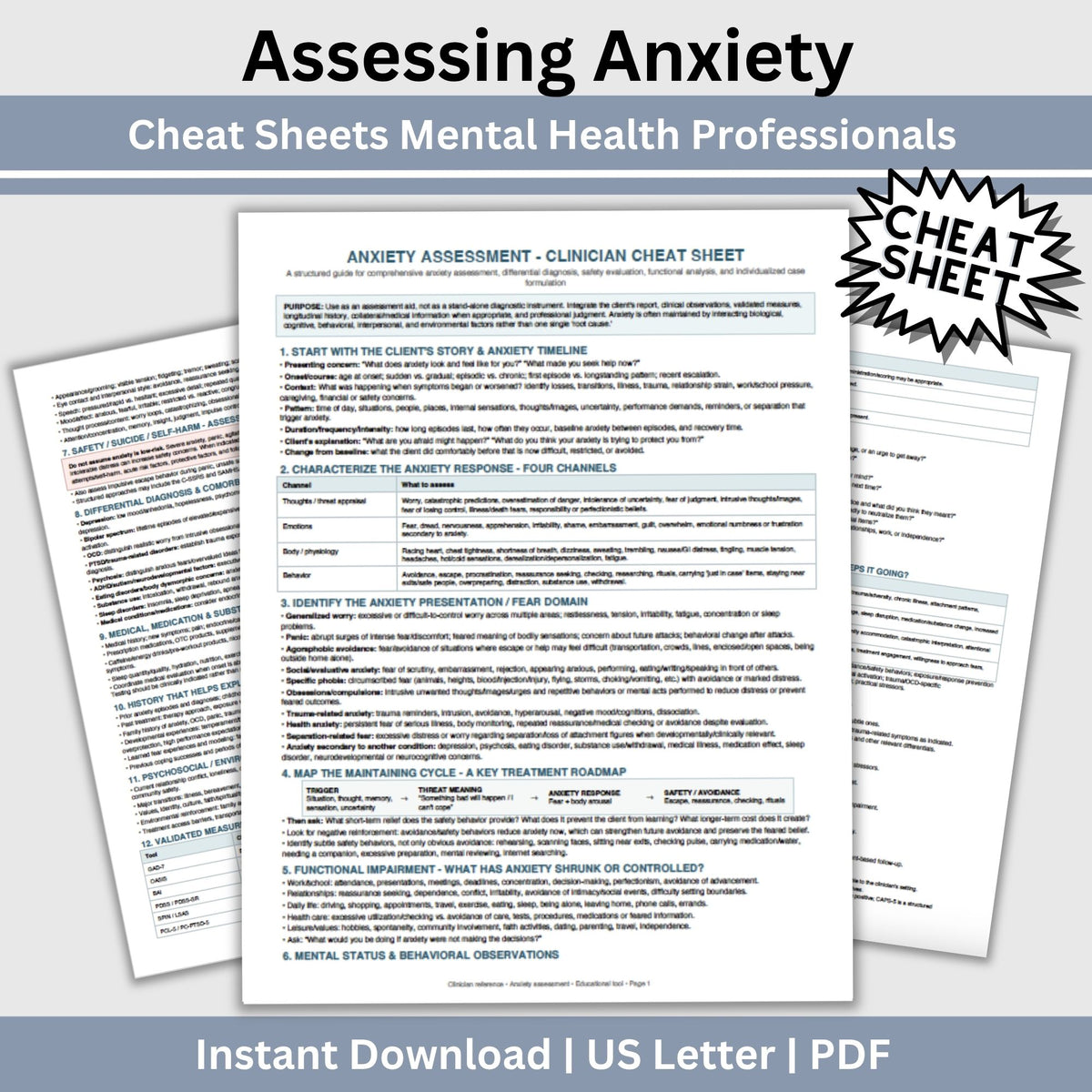 Anxiety Assessment Clinician Cheat Sheet | Mental Health Assessment Tool | Therapist & Counselor Reference