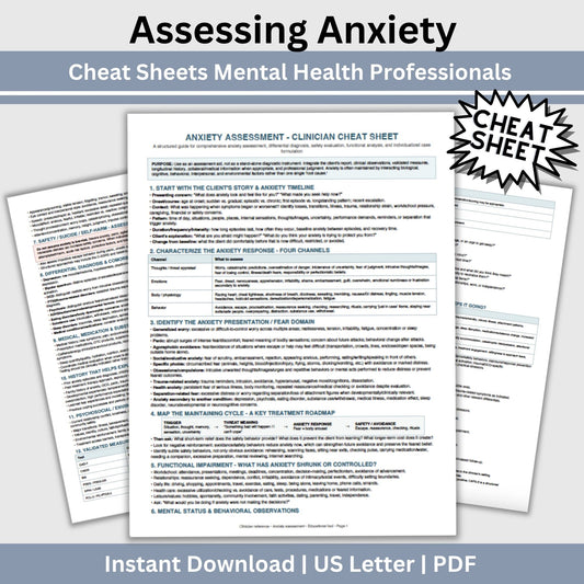 Anxiety Assessment Clinician Cheat Sheet | Mental Health Assessment Tool | Therapist & Counselor Reference