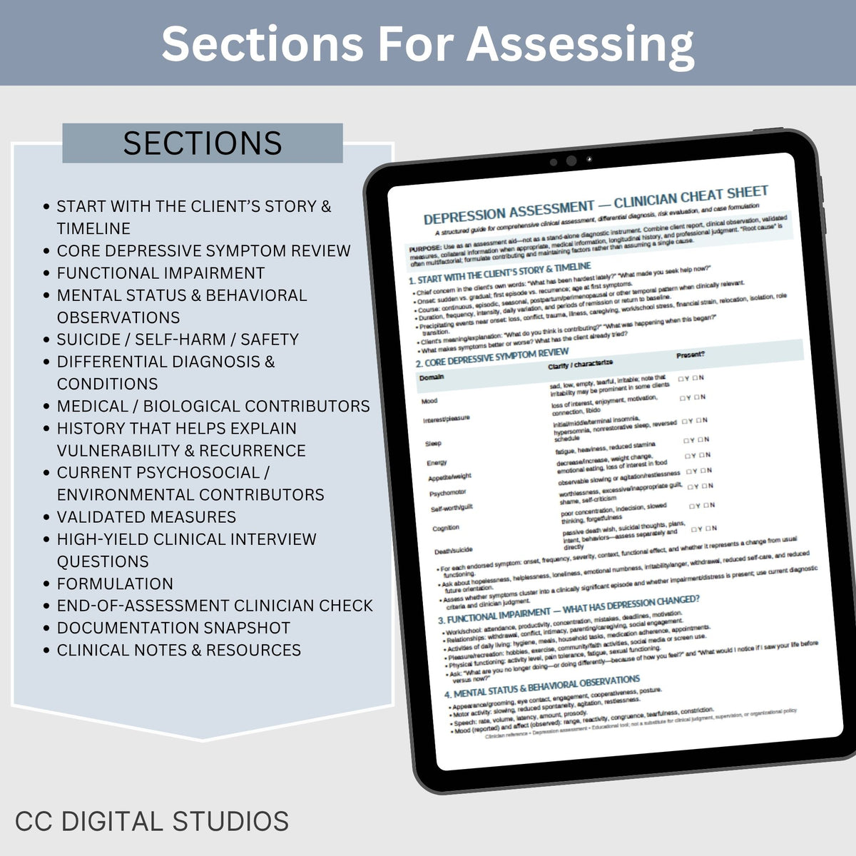 Depression Assessment Cheat Sheet for Mental Health Professionals | Clinician Reference Guide