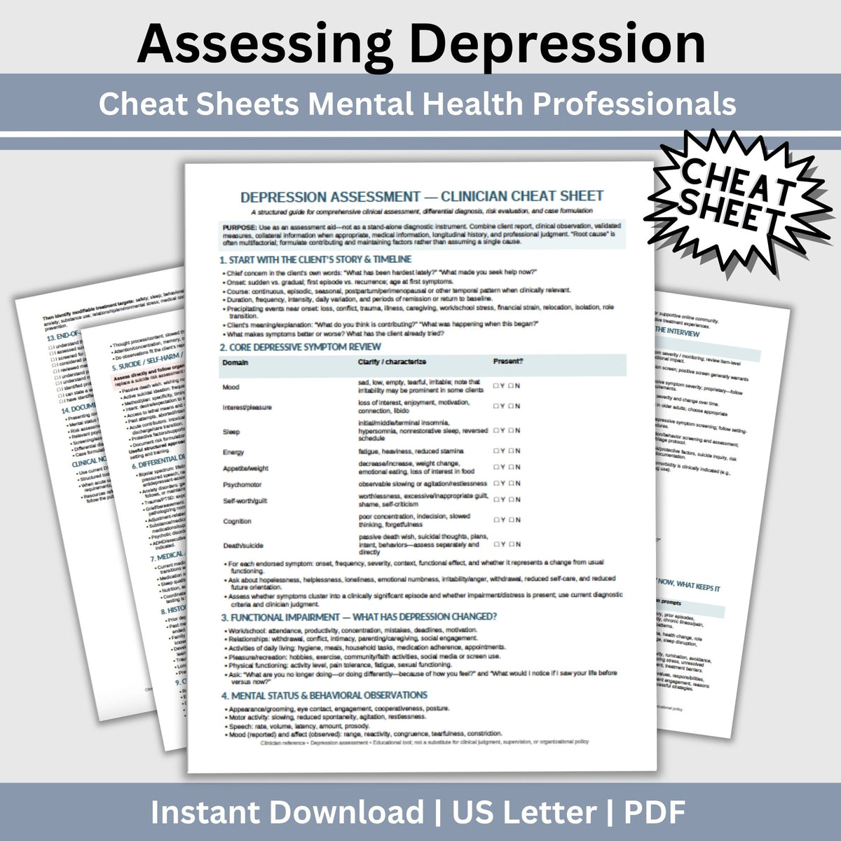 Depression Assessment Cheat Sheet for Mental Health Professionals | Clinician Reference Guide