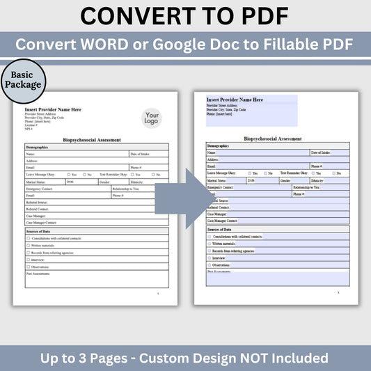PDF Conversion Package. Transform any existing WORD or Google Doc into a professional fillable PDF hassle-free. This package covers up to 3 pages