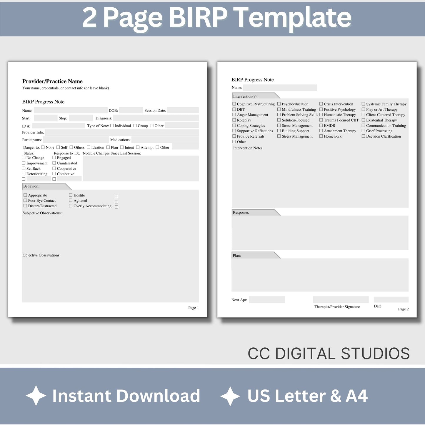 BIRP progress note template designed to assist you in taking thorough and accurate client notes.  Perfect for therapist office, counselors, social workers, and school counselors.