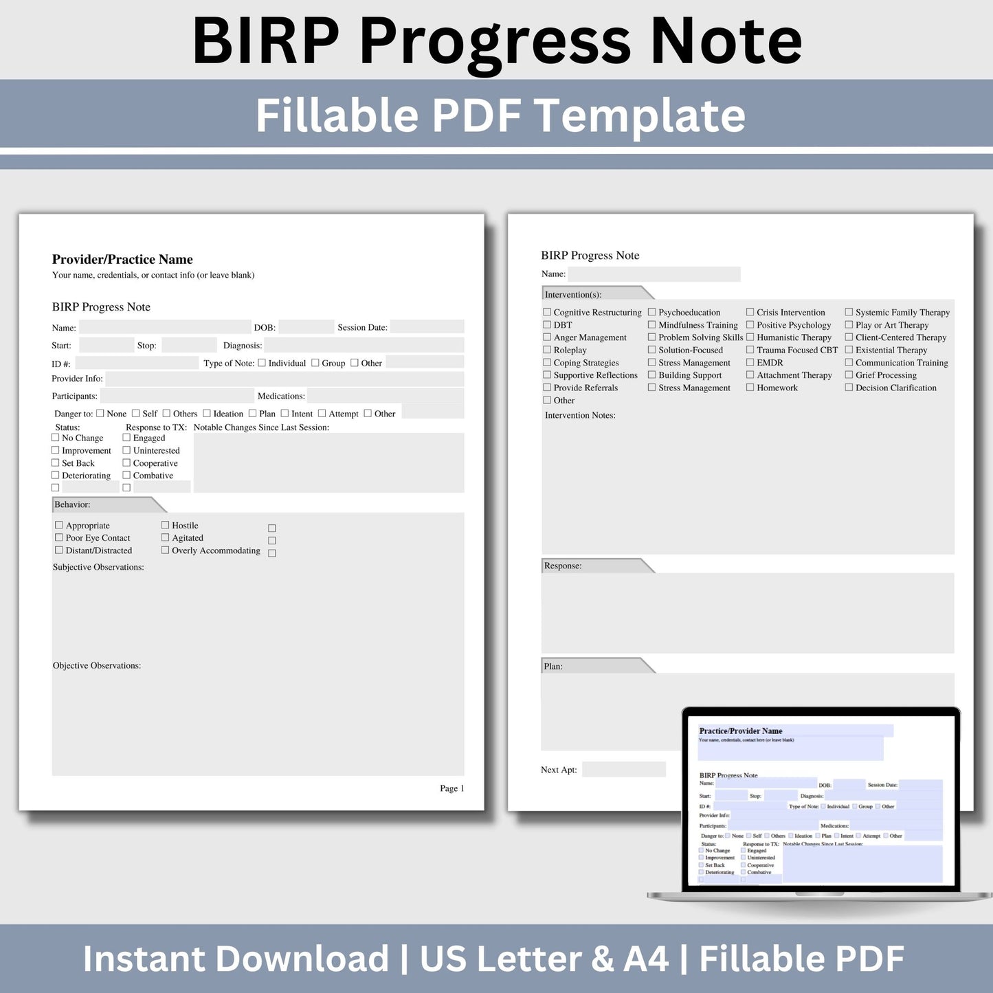 BIRP progress note template designed to assist you in taking thorough and accurate client notes.  Perfect for therapist office, counselors, social workers, and school counselors.