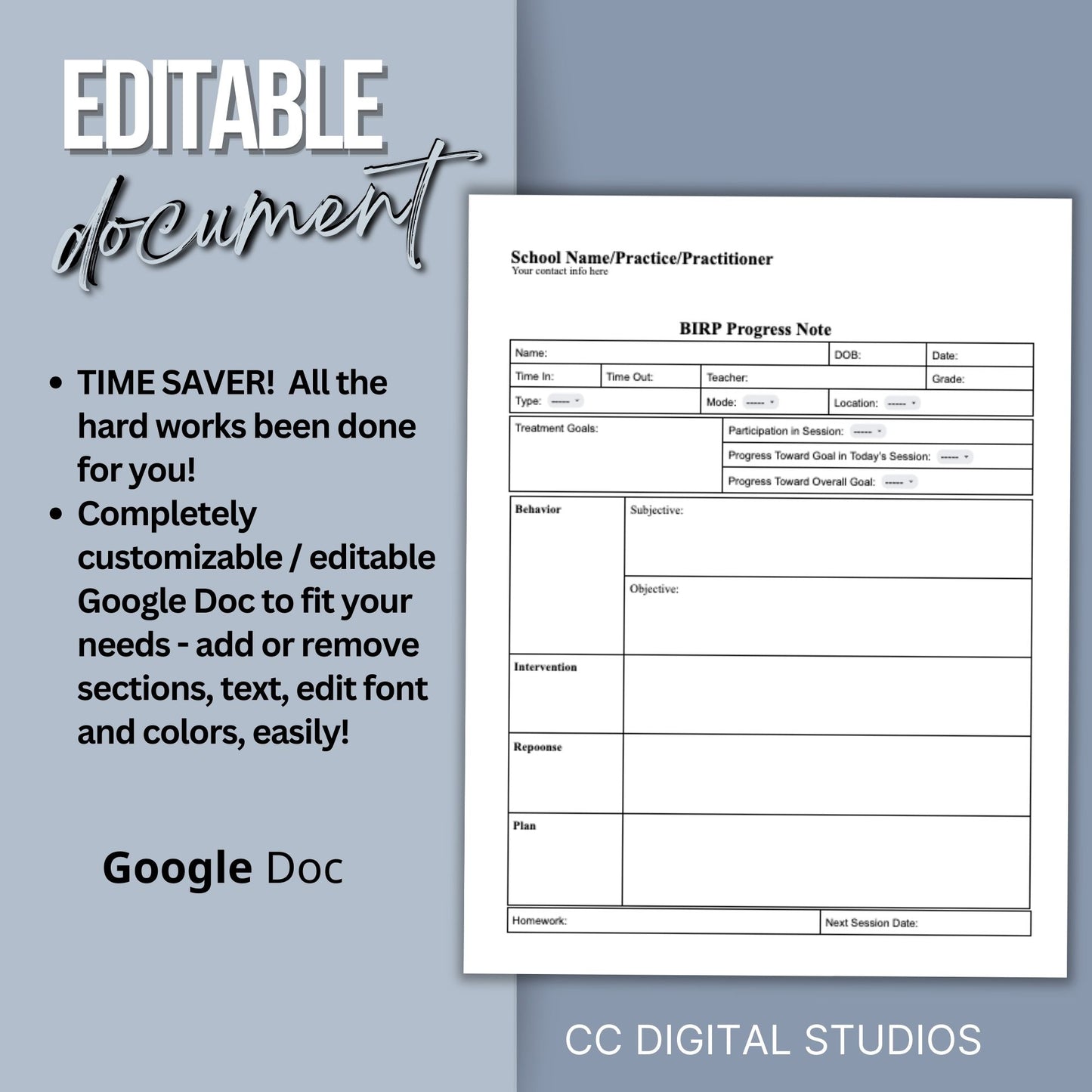 BIRP Progress Note Template designed for school counselors, psychologists, and social workers.BIRP Progress Note for School Counselors, School Psychologist, School Social Work Counseling Tools, Therapy Notes, Therapist Office Forms