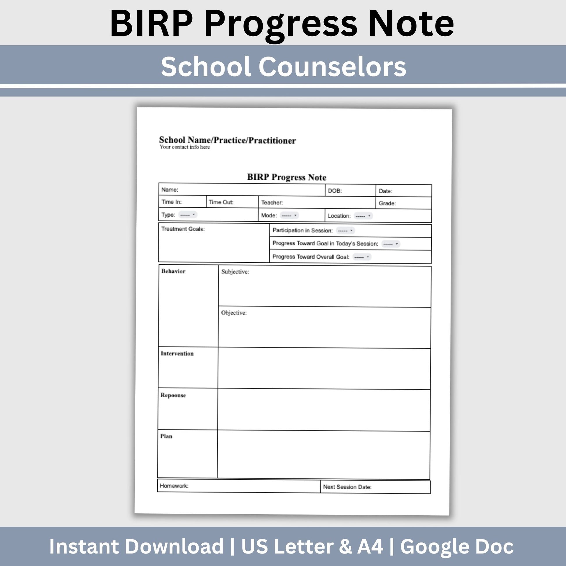 BIRP Progress Note Template designed for school counselors, psychologists, and social workers.BIRP Progress Note for School Counselors, School Psychologist, School Social Work Counseling Tools, Therapy Notes, Therapist Office Forms