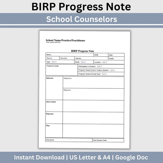 BIRP Progress Note Template designed for school counselors, psychologists, and social workers.BIRP Progress Note for School Counselors, School Psychologist, School Social Work Counseling Tools, Therapy Notes, Therapist Office Forms