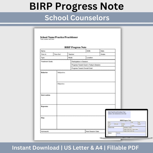 BIRP Progress Note Template designed for school counselors, psychologists, and social workers.BIRP Progress Note for School Counselors, School Psychologist, School Social Work Counseling Tools, Therapy Notes, Therapist Office Forms