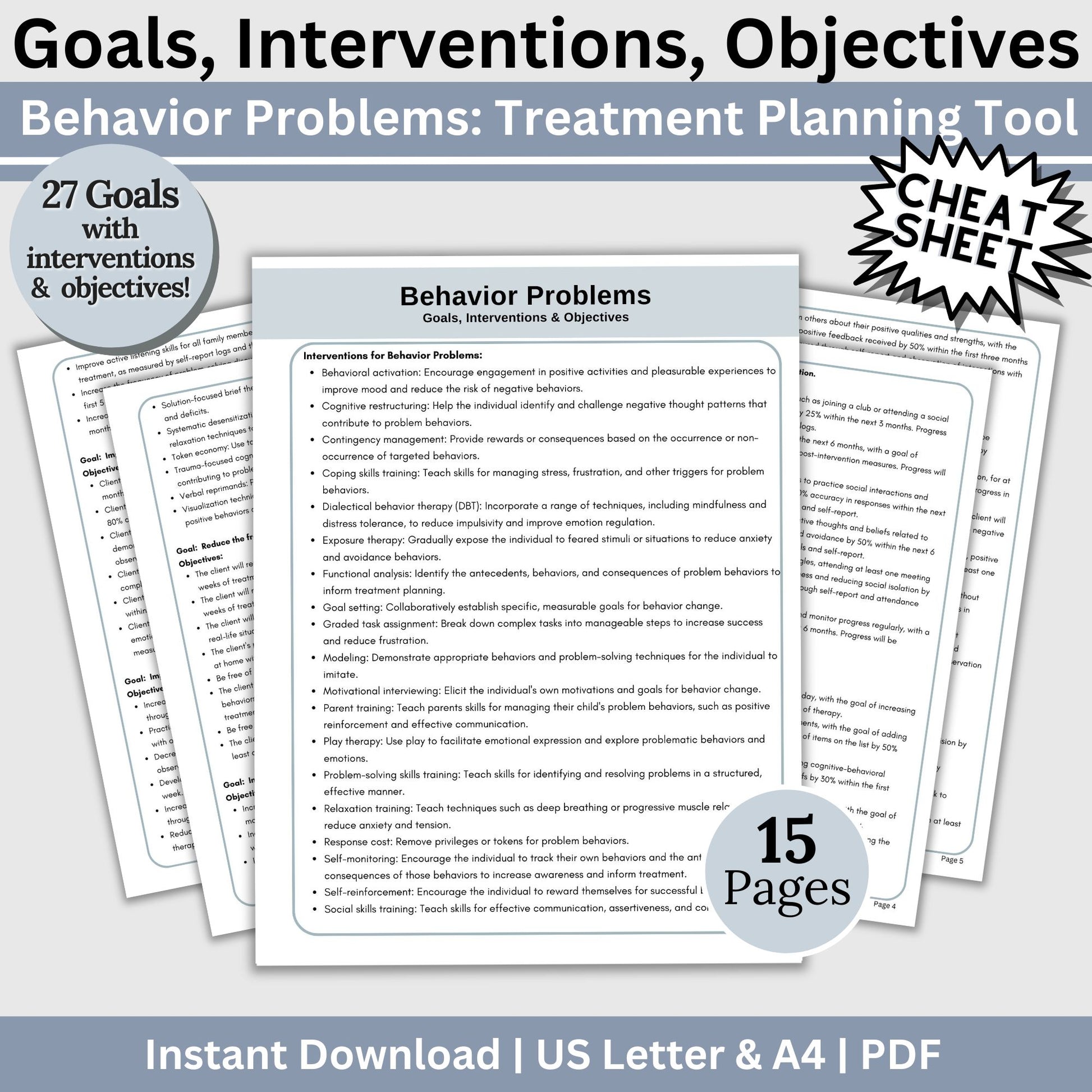 Behavior problems treatment planning therapy tool. This resource is designed to help therapists create effective treatment plans with goals for therapy, objectives and interventions. Helpful for CBT