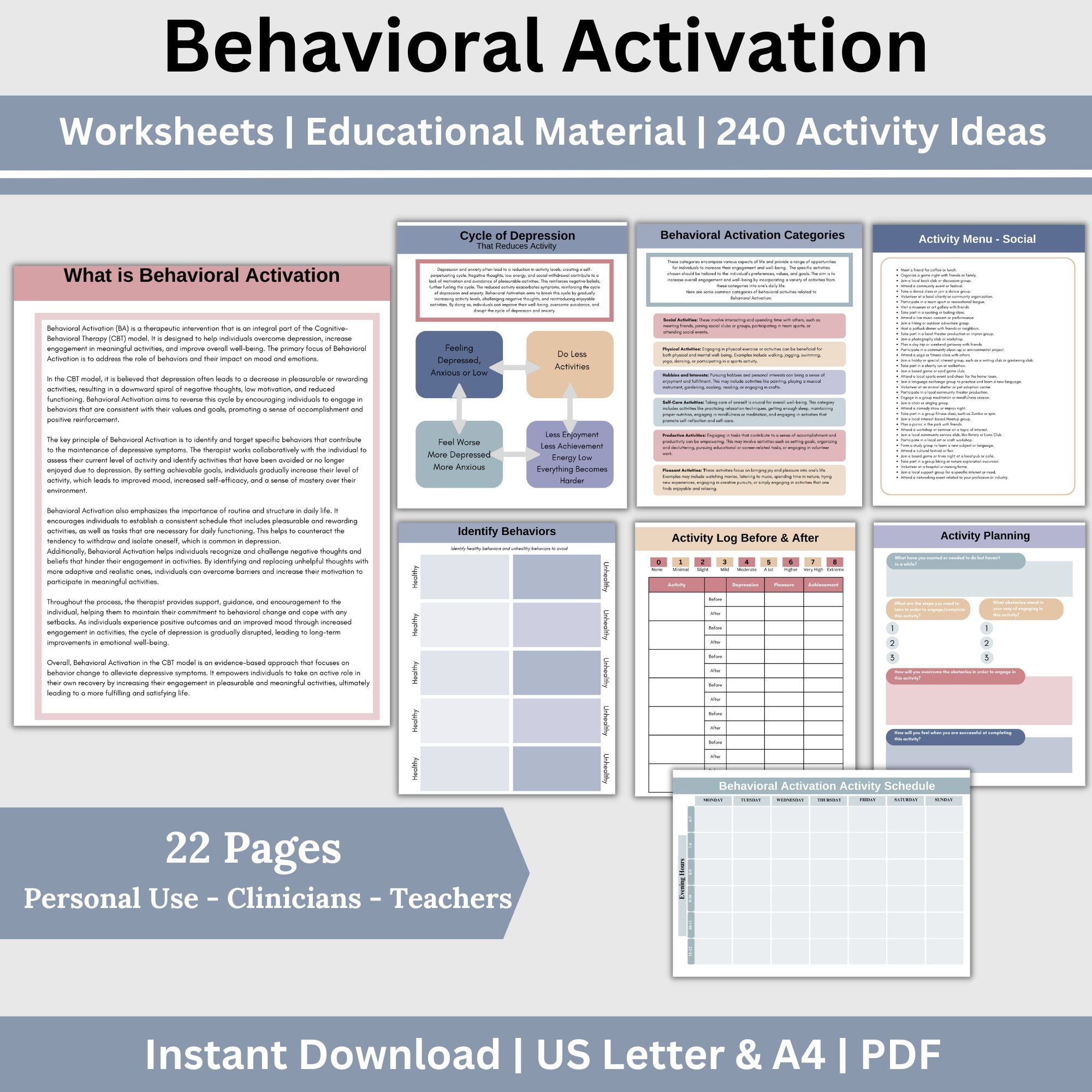 Behavior Handouts Behavioral Activation CBT Therapy Worksheets: Track and Understand Emo ...