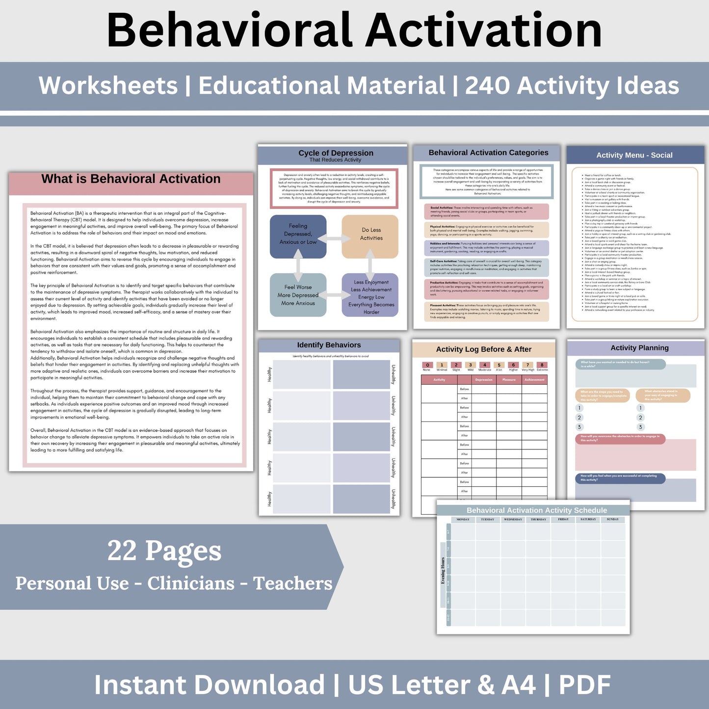 Behavioral Activation CBT Therapy Worksheets, perfect addition to your toolkit of CBT therapy tools! These behavior trackers and CBT worksheets designed to support emotional regulation. CBT therapy tools.