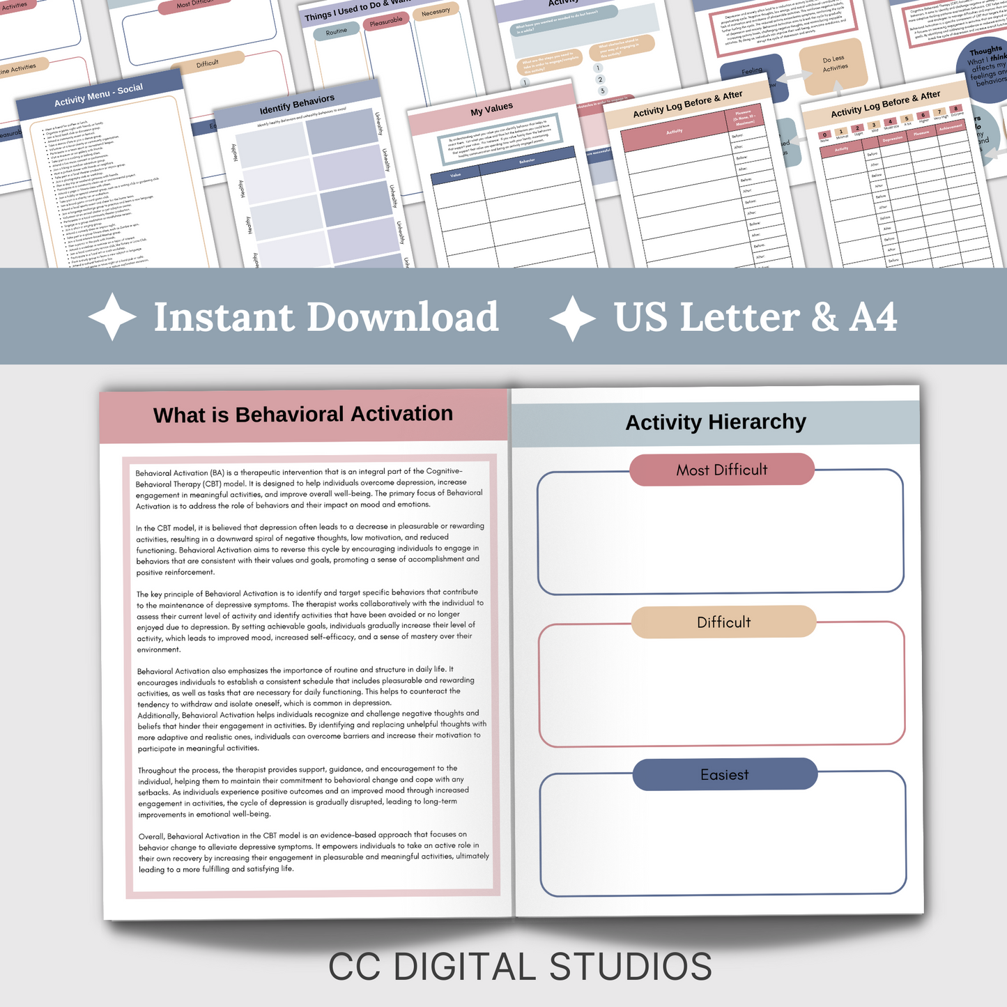 Behavioral Activation CBT Therapy Worksheets, perfect addition to your toolkit of CBT therapy tools! These behavior trackers and CBT worksheets designed to support emotional regulation. CBT therapy tools.