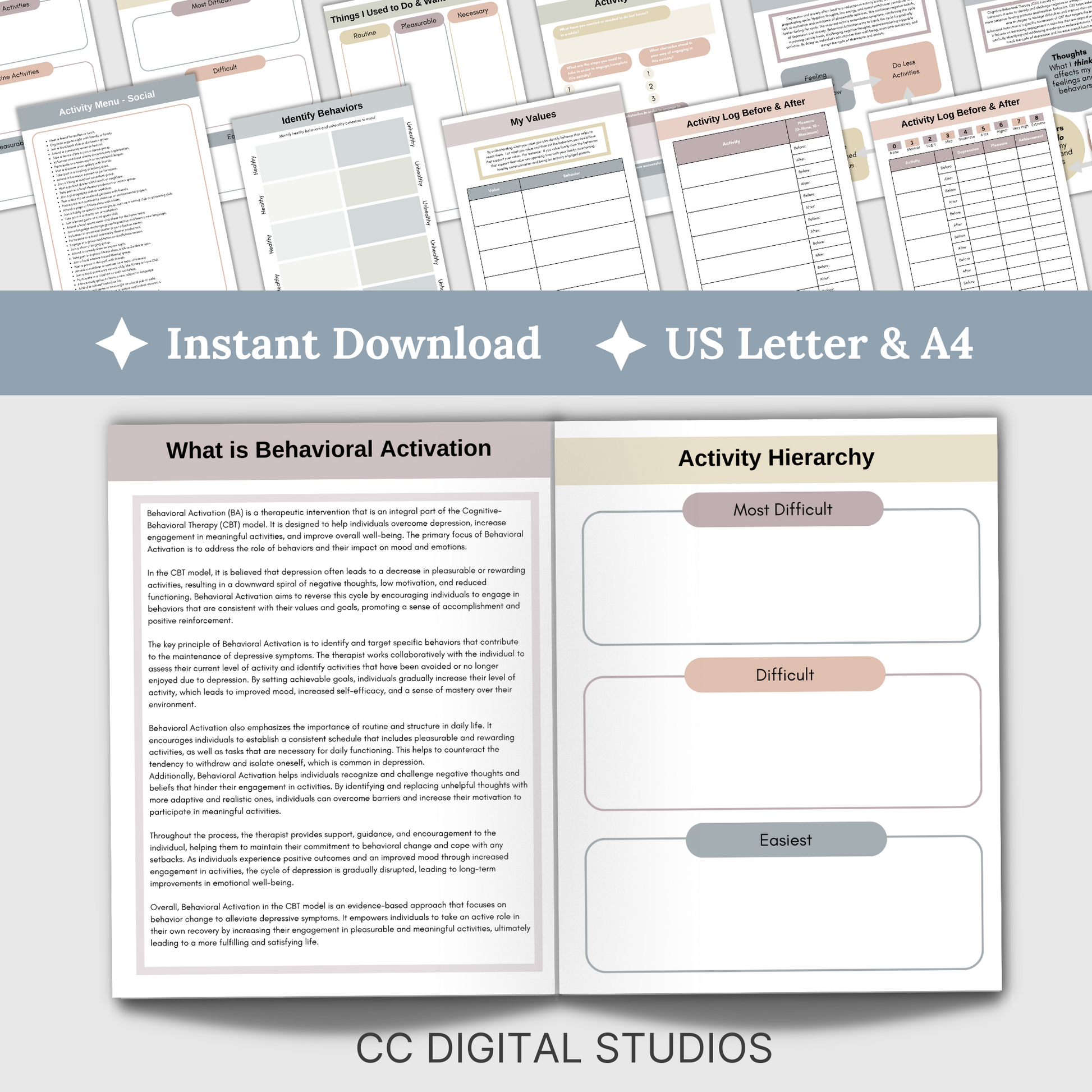 Behavioral Activation CBT Therapy Worksheets, perfect addition to your toolkit of CBT therapy tools! These behavior trackers and CBT worksheets designed to support emotional regulation. CBT therapy tools.