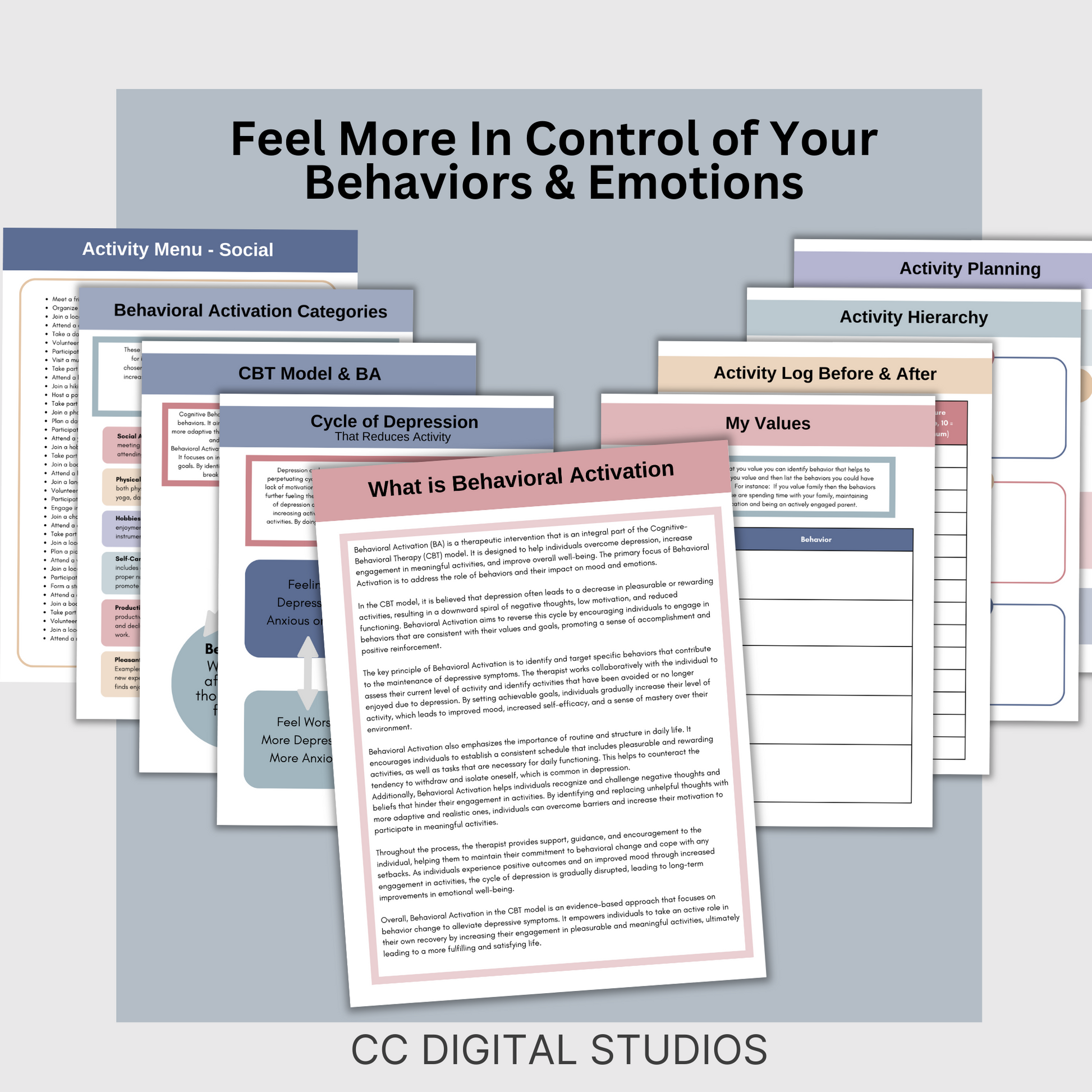 Behavioral Activation CBT Therapy Worksheets, perfect addition to your toolkit of CBT therapy tools! These behavior trackers and CBT worksheets designed to support emotional regulation. CBT therapy tools.