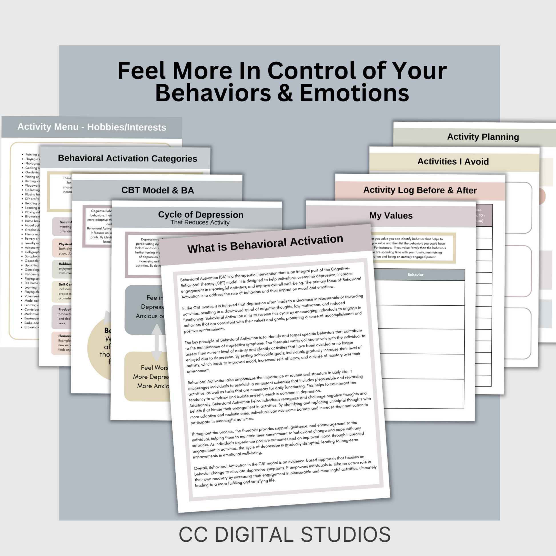 Behavioral Activation CBT Therapy Worksheets, perfect addition to your toolkit of CBT therapy tools! These behavior trackers and CBT worksheets designed to support emotional regulation. CBT therapy tools.