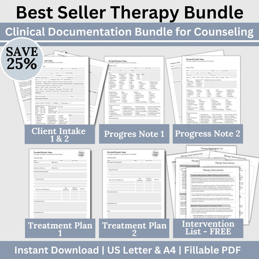 Documentation bundle for mental health professionals.&nbsp; This bundle provides needed therapy tools; client intake template, progress notes, treatment plan and clinical terms cheat sheet. Save 25% with bundle