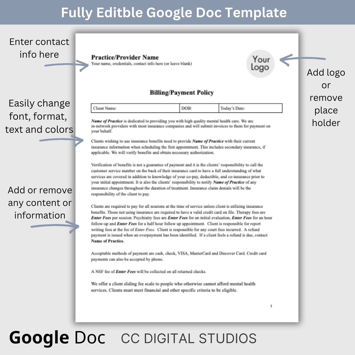 Billing Payment Form for Counseling Office, Editable Google Doc, Client Intake Form, Psychologist Office, Therapist Office Documentation