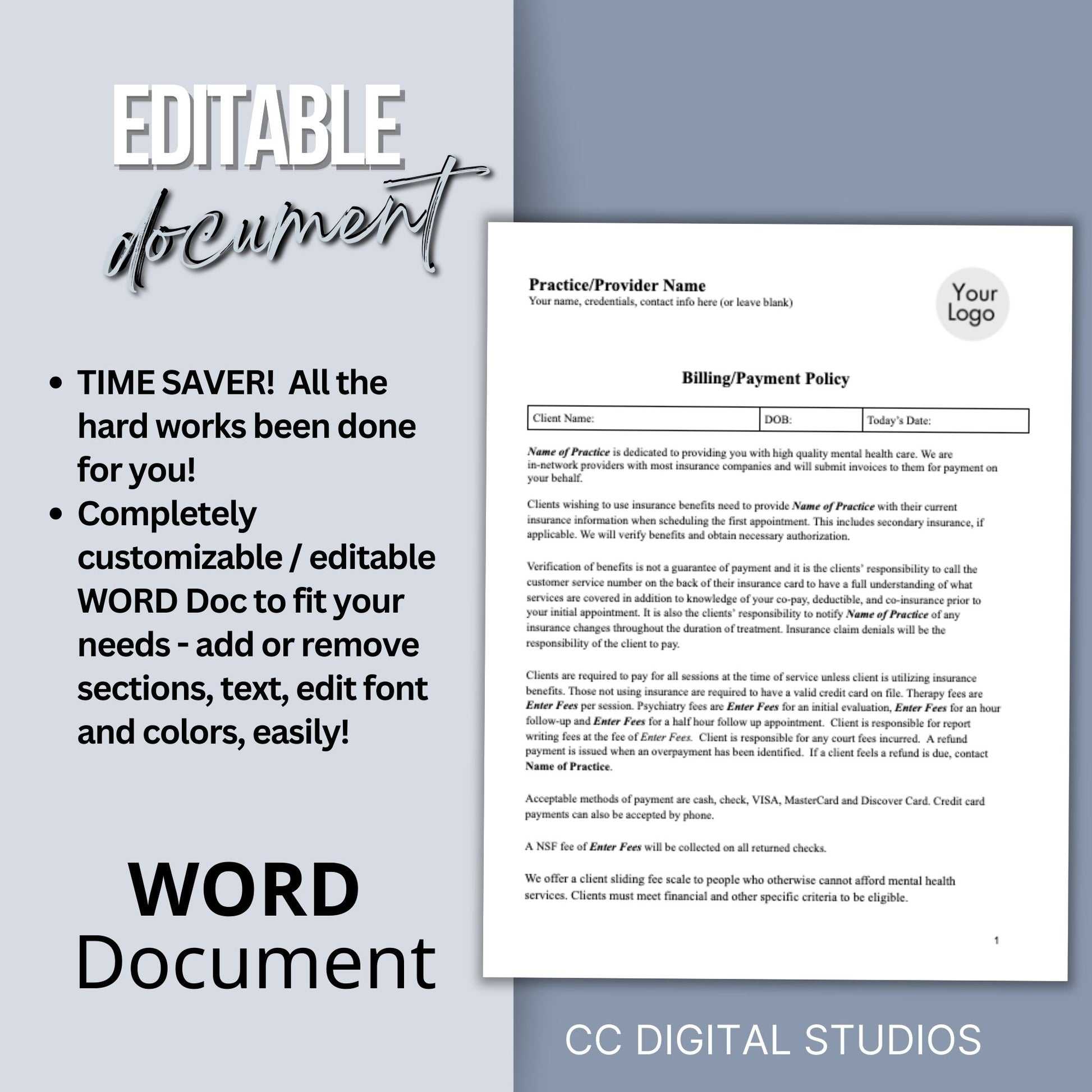 Billing Payment Form for Counseling Office, Editable WORD Doc, Client Intake Form, Psychologist Office, Therapist Office Documentation