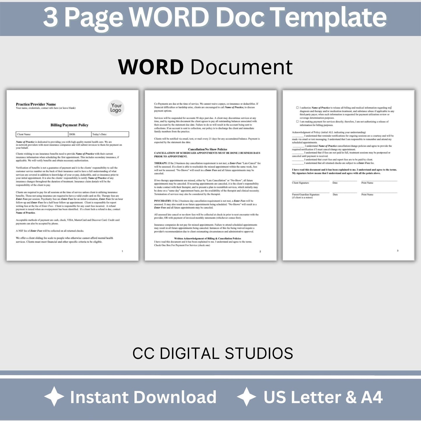 Billing Payment Form for Counseling Office, Editable WORD Doc, Client Intake Form, Psychologist Office, Therapist Office Documentation