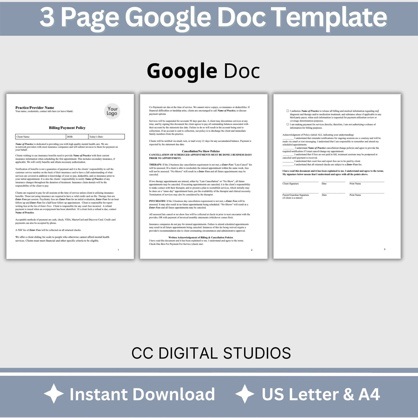 Billing Payment Form for Counseling Office, Editable Google Doc, Client Intake Form, Psychologist Office, Therapist Office Documentation