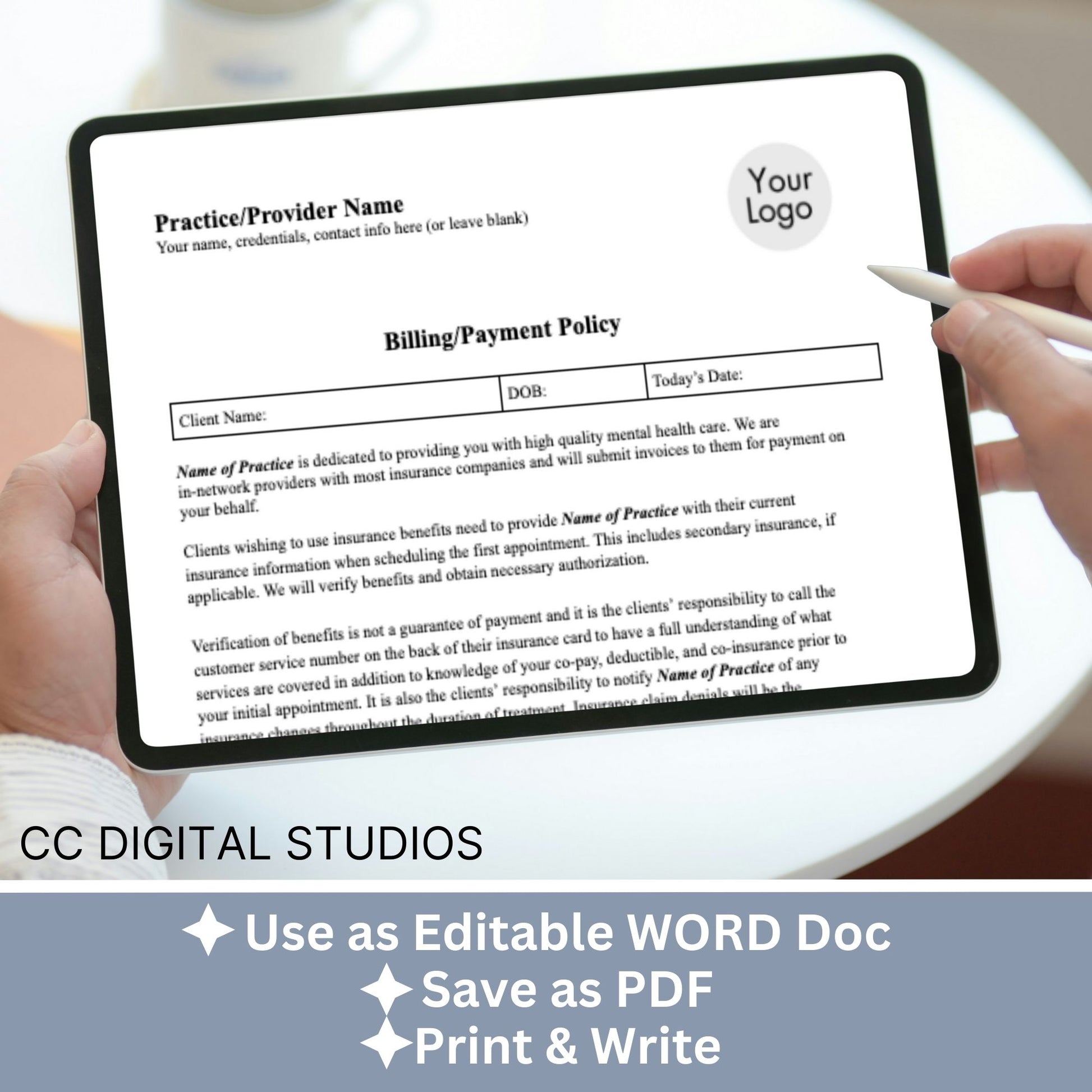 Billing Payment Form for Counseling Office, Editable WORD Doc, Client Intake Form, Psychologist Office, Therapist Office Documentation