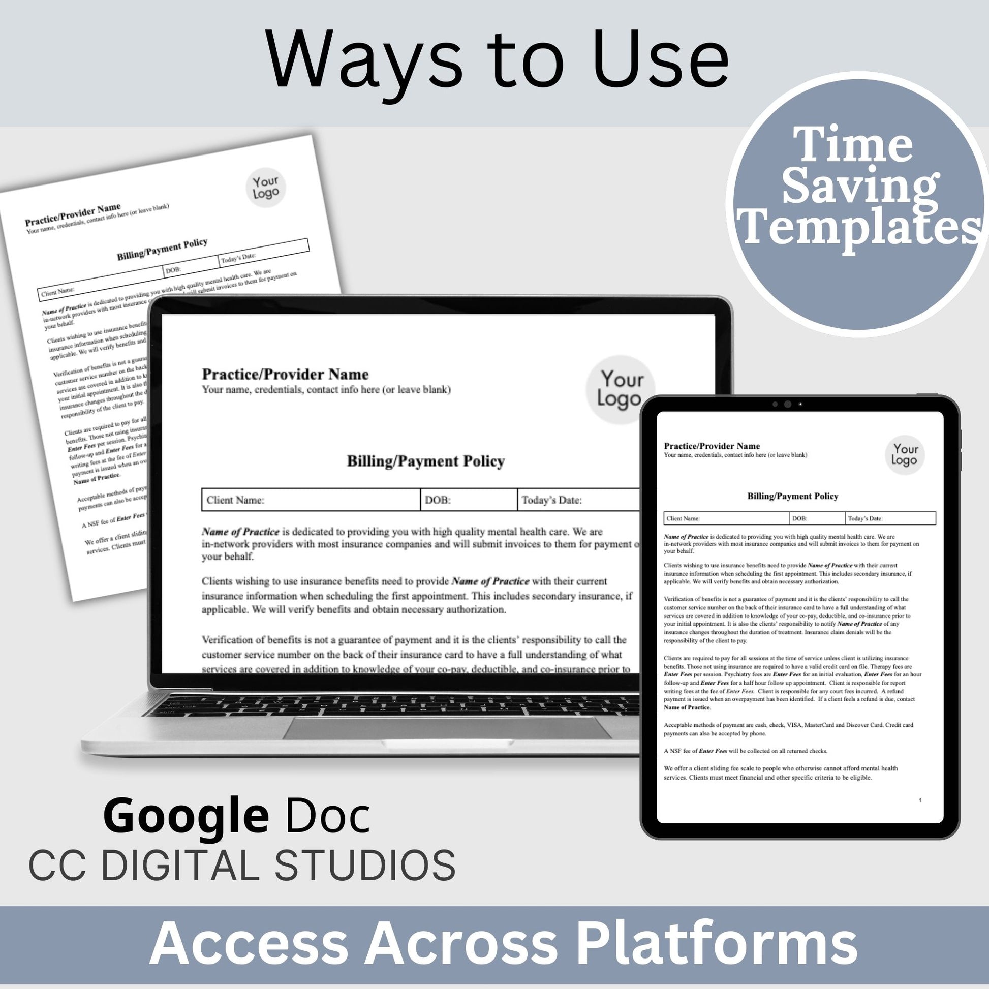 Billing Payment Form for Counseling Office, Editable Google Doc, Client Intake Form, Psychologist Office, Therapist Office Documentation