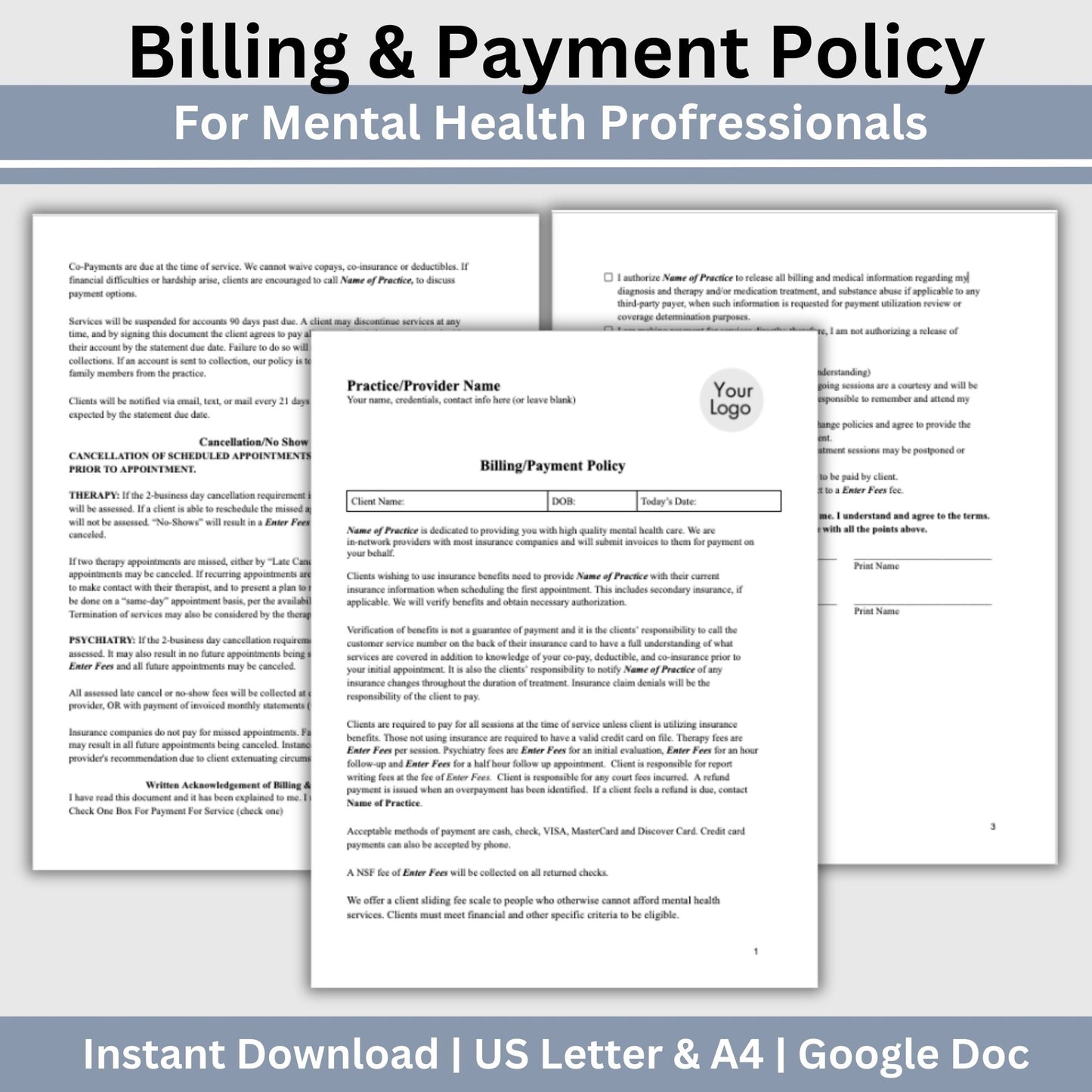 Billing Payment Form for Counseling Office, Editable Google Doc, Client Intake Form, Psychologist Office, Therapist Office Documentation