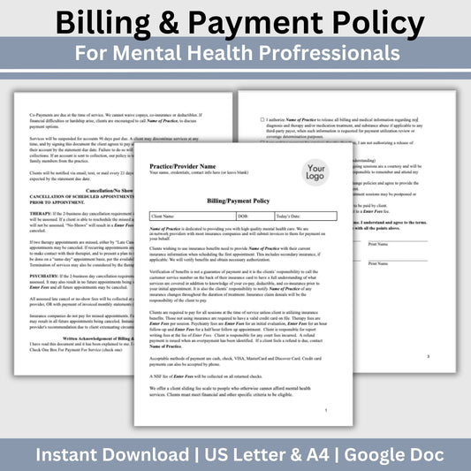 Billing Payment Form for Counseling Office, Editable Google Doc, Client Intake Form, Psychologist Office, Therapist Office Documentation