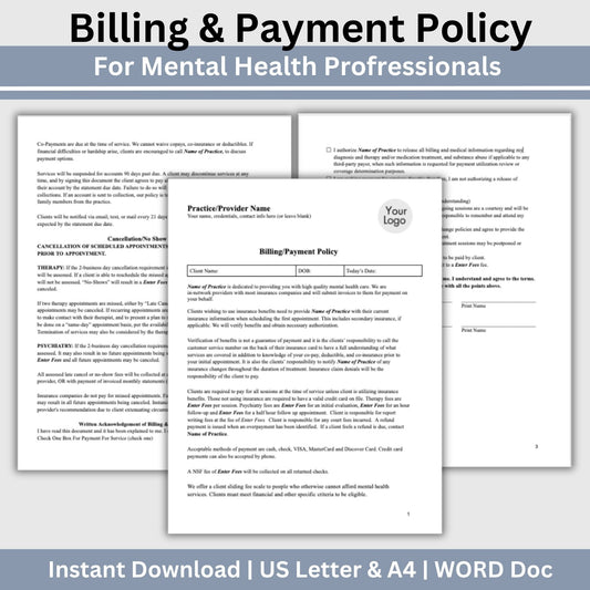 Billing Payment Form for Counseling Office, Editable WORD Doc, Client Intake Form, Psychologist Office, Therapist Office Documentation