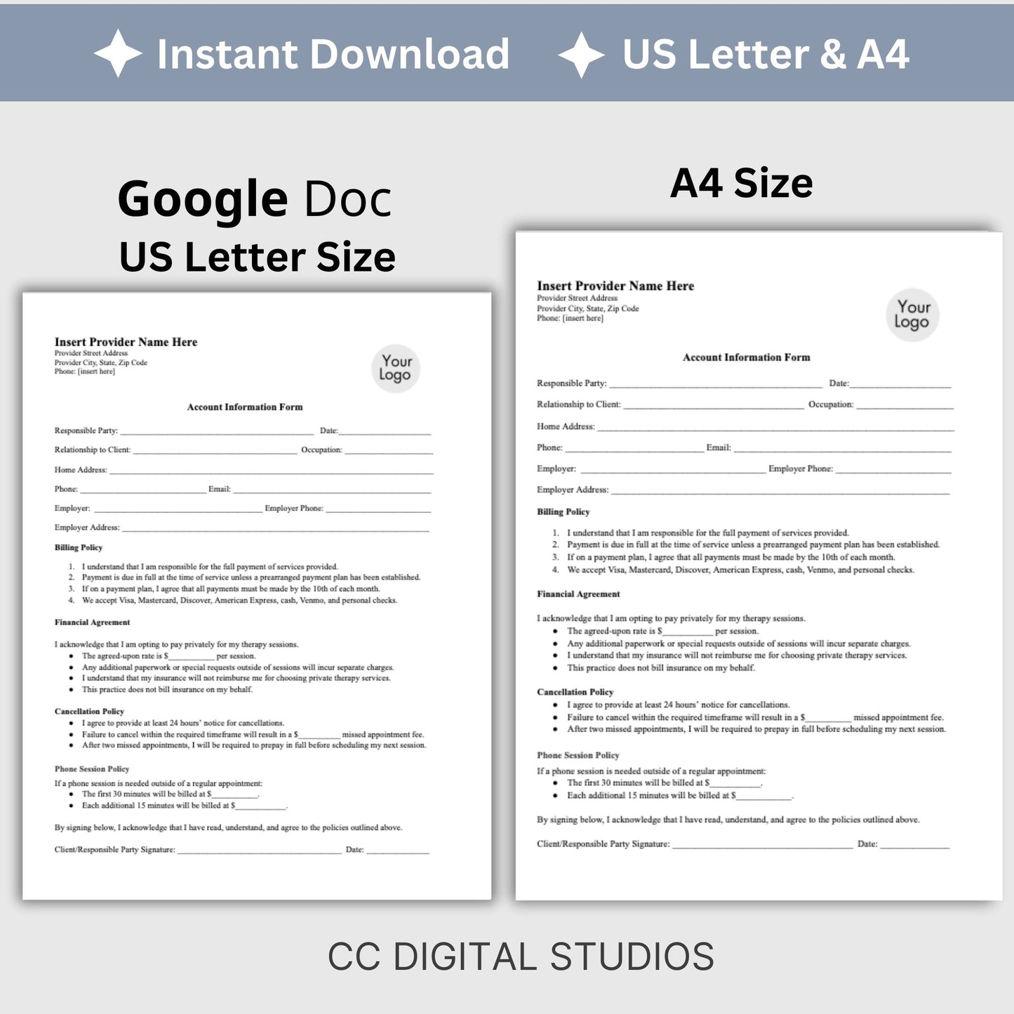 Billing Payment Form for Counseling Office, Credit Card Authorization Google Doc