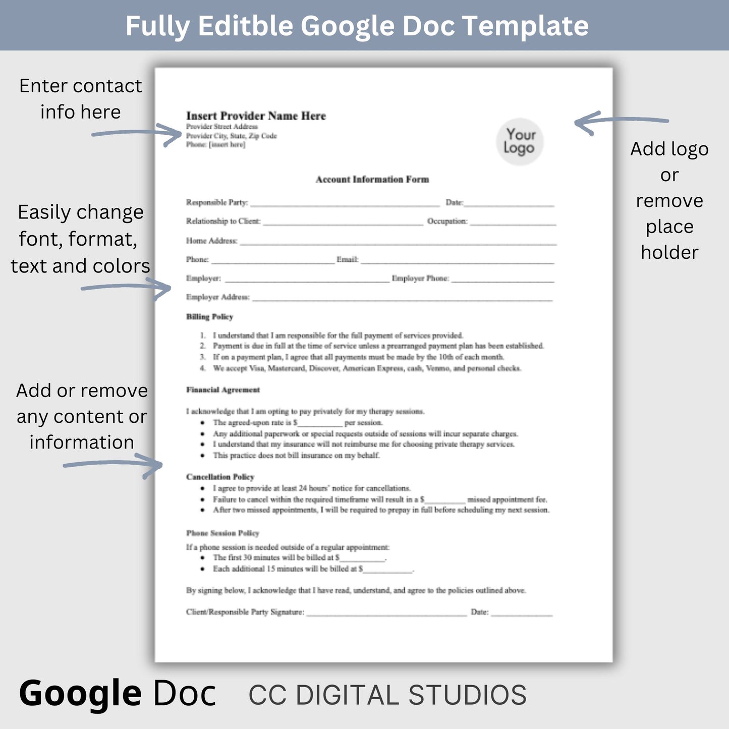 Billing Payment Form for Counseling Office, Credit Card Authorization Google Doc