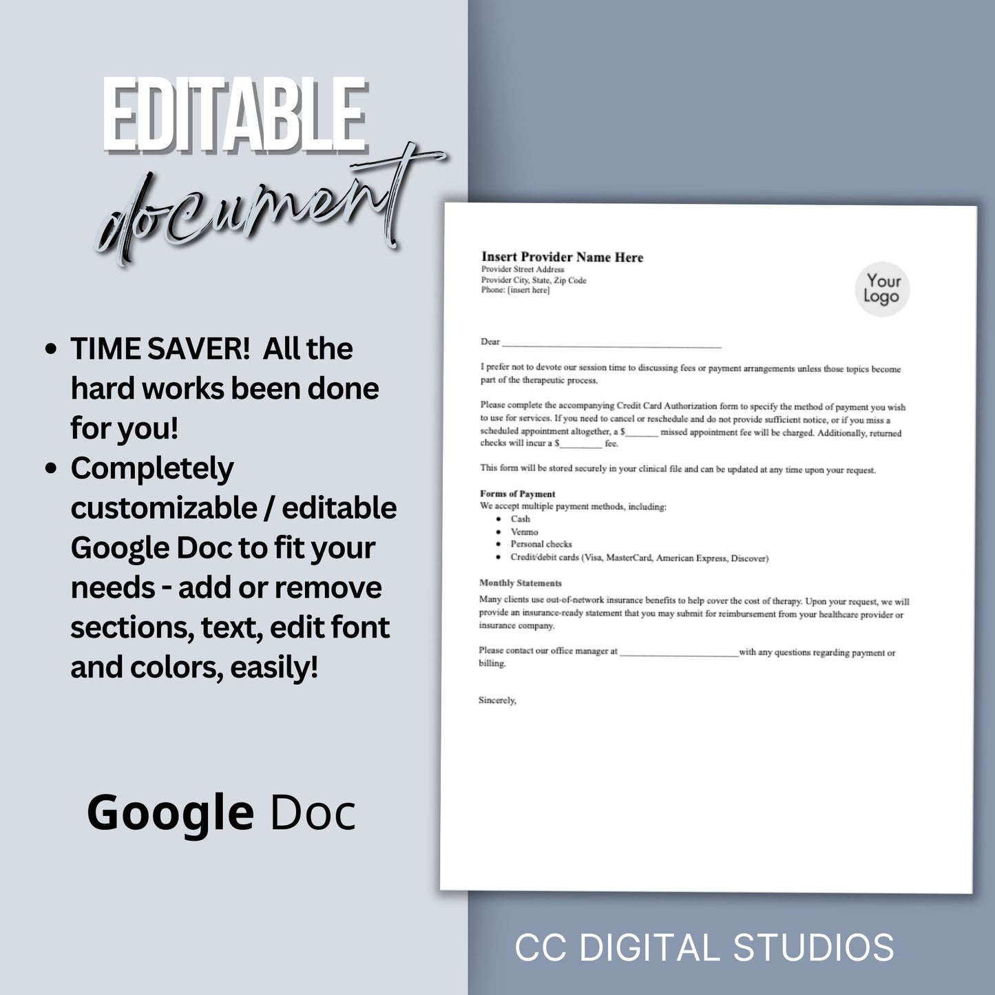 Billing Payment Form for Counseling Office, Credit Card Authorization Google Doc